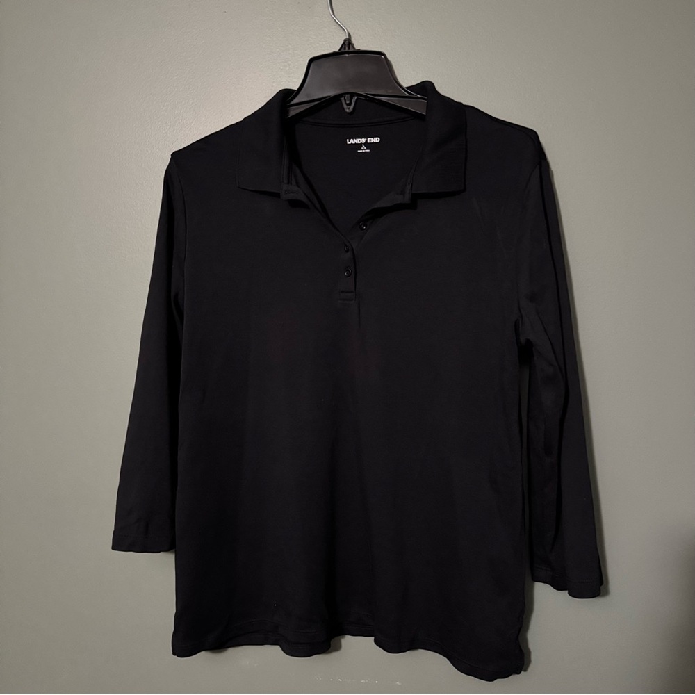 Lands' End Women's Black 3/4 Button Down Shirt